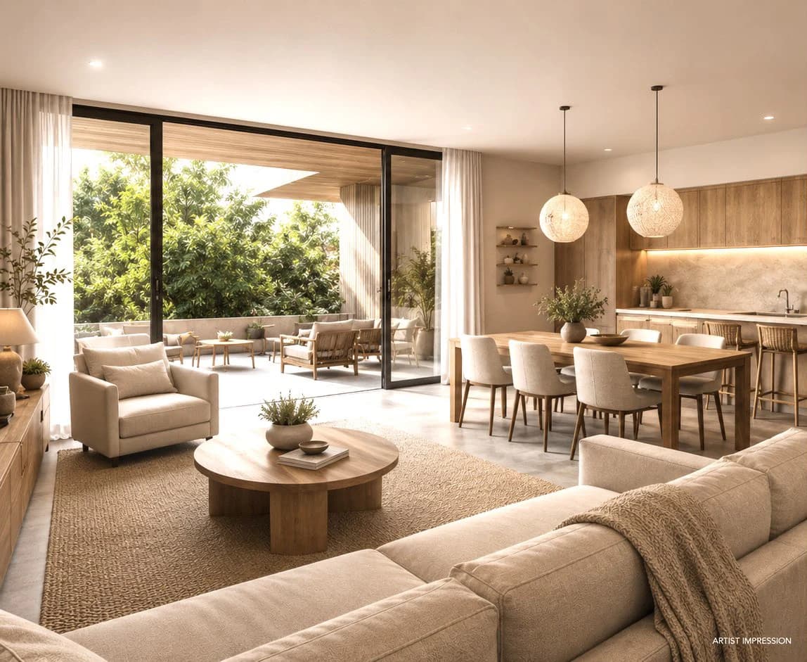 Warm open-plan living and kitchen interior