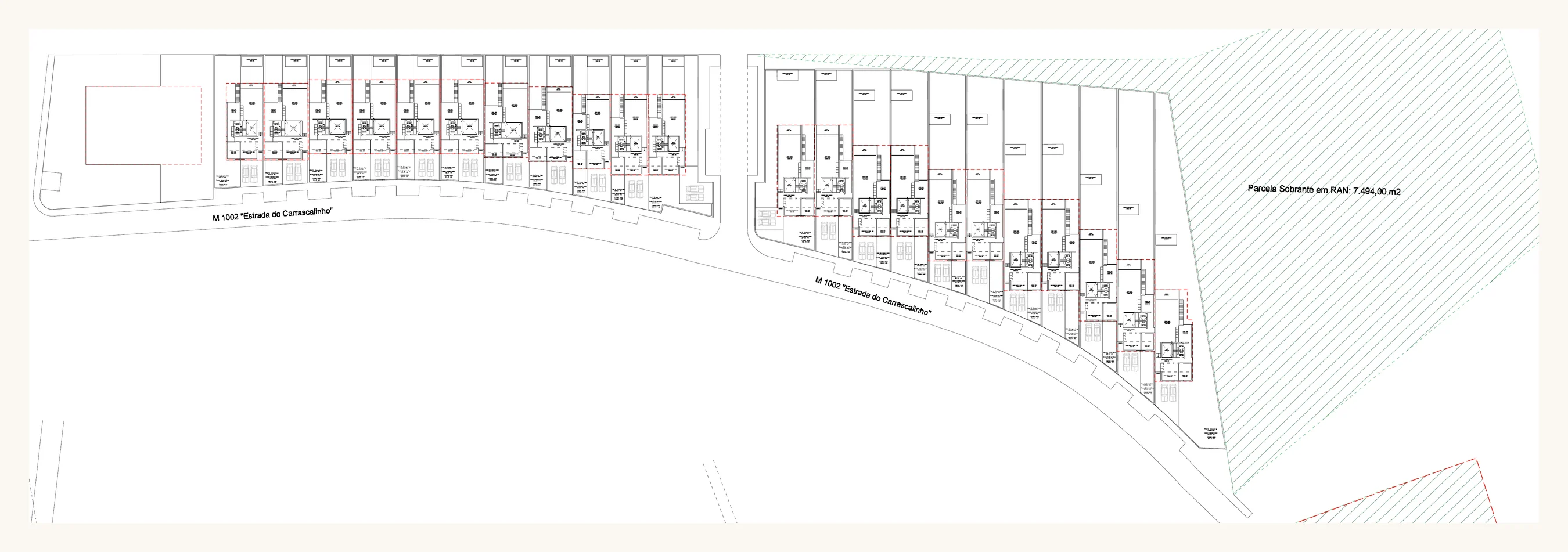 Architektonische Übersicht zum Verhältnis von Häusern, Zufahrt und Gebäudegrundflächen.