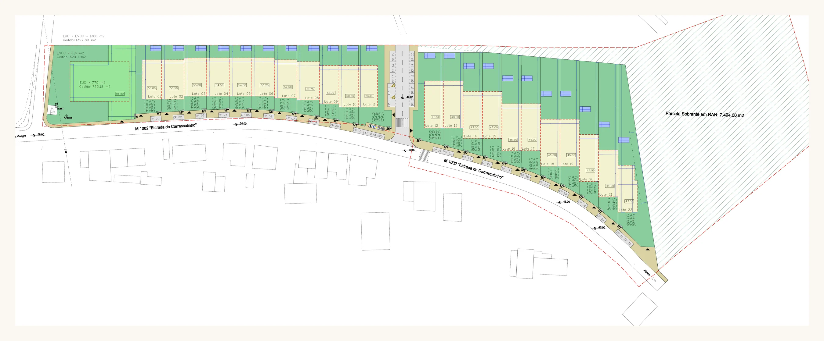Farbcodierter Plan mit privaten Grundstücken, Gärten, gemeinsamer Zufahrt und umliegender Fläche.